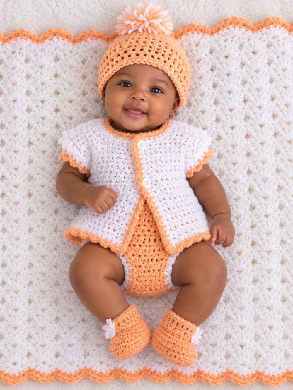Handmade Crochet 0-3 m/ Baby Gift Set White/Peach Blanket Cardigan Hat Booties